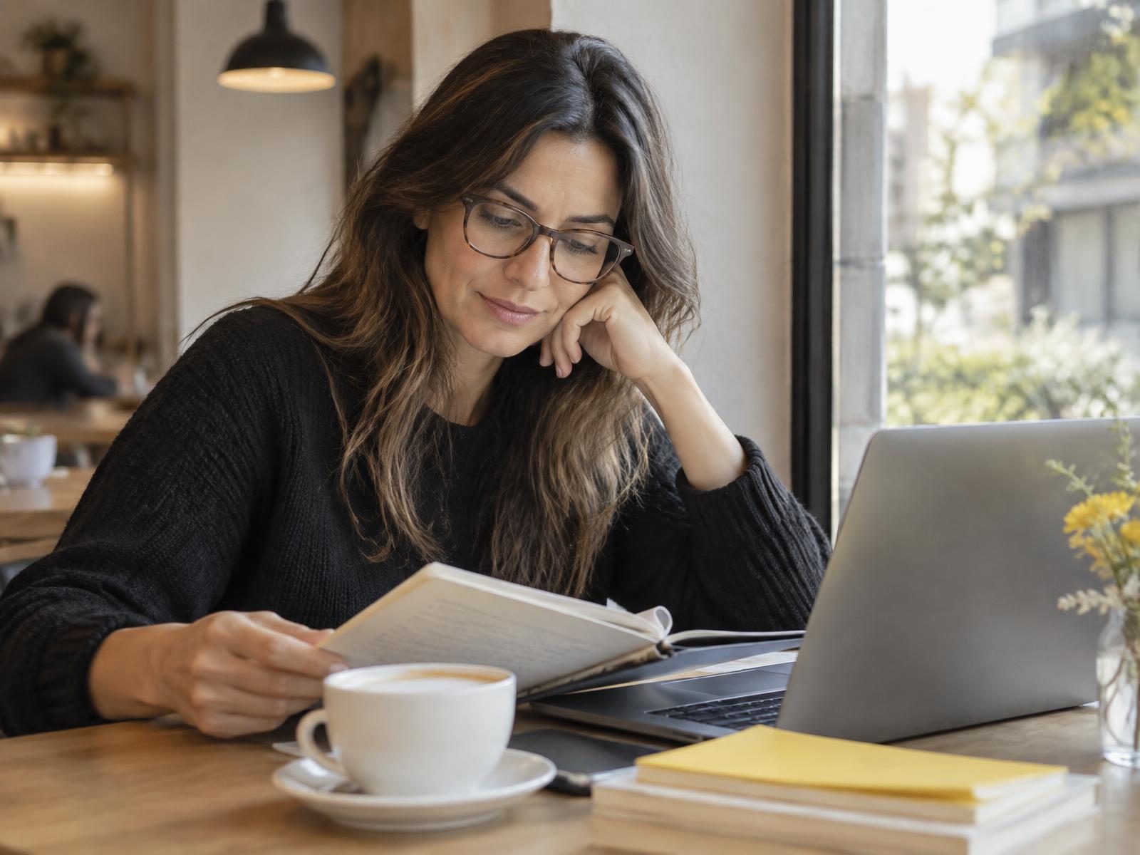 Mujer usando lentes recetados mientras lee junto a su notebook